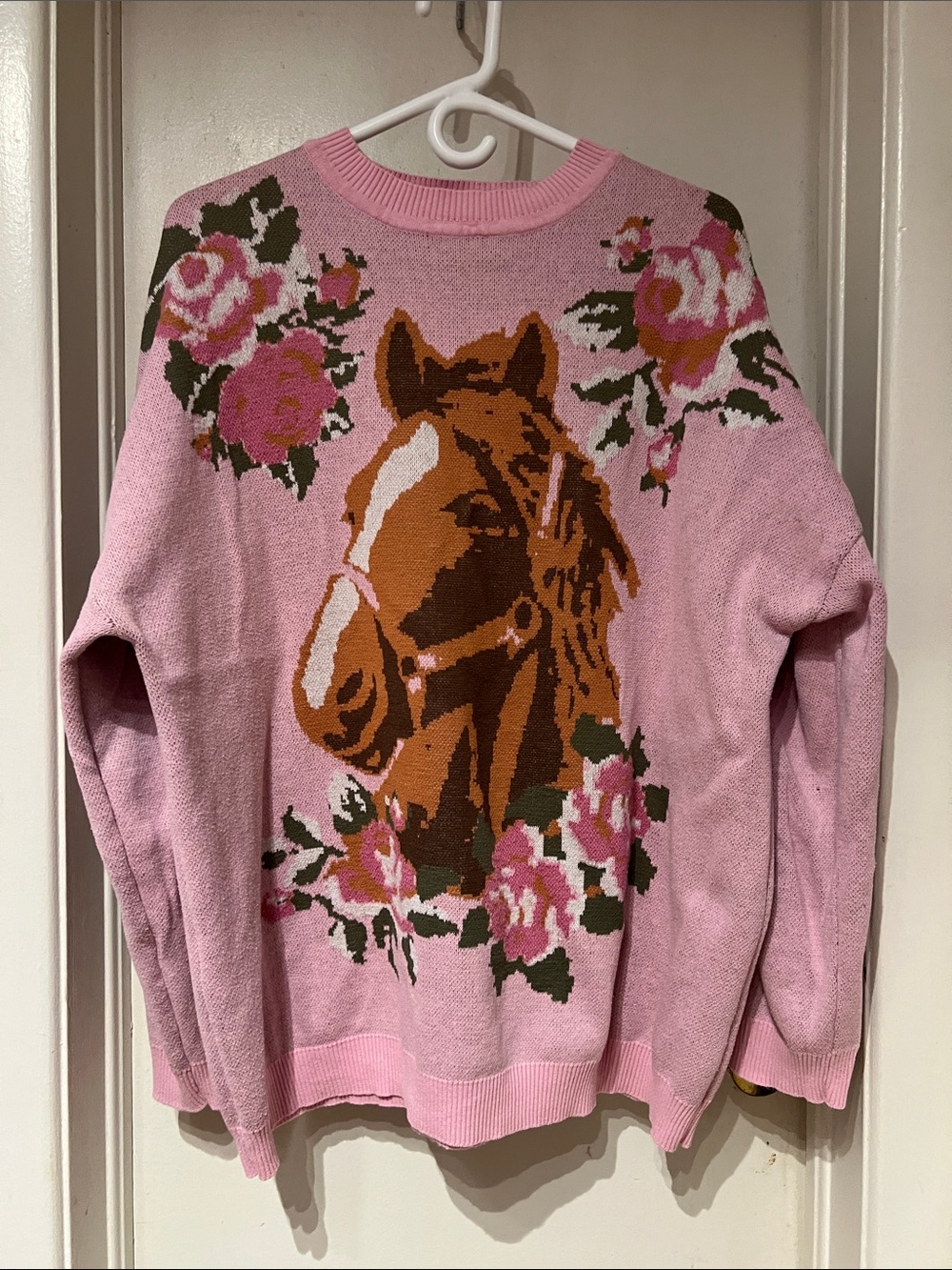 Sugar Thrillz Pink Floral Horse Crewneck Sweater